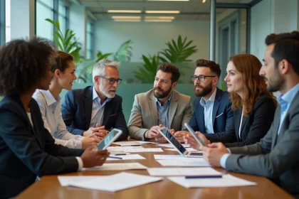 Groupe de professionnels en réunion dans une salle moderne