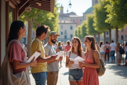 Groupe de touristes divers dans une place urbaine animée