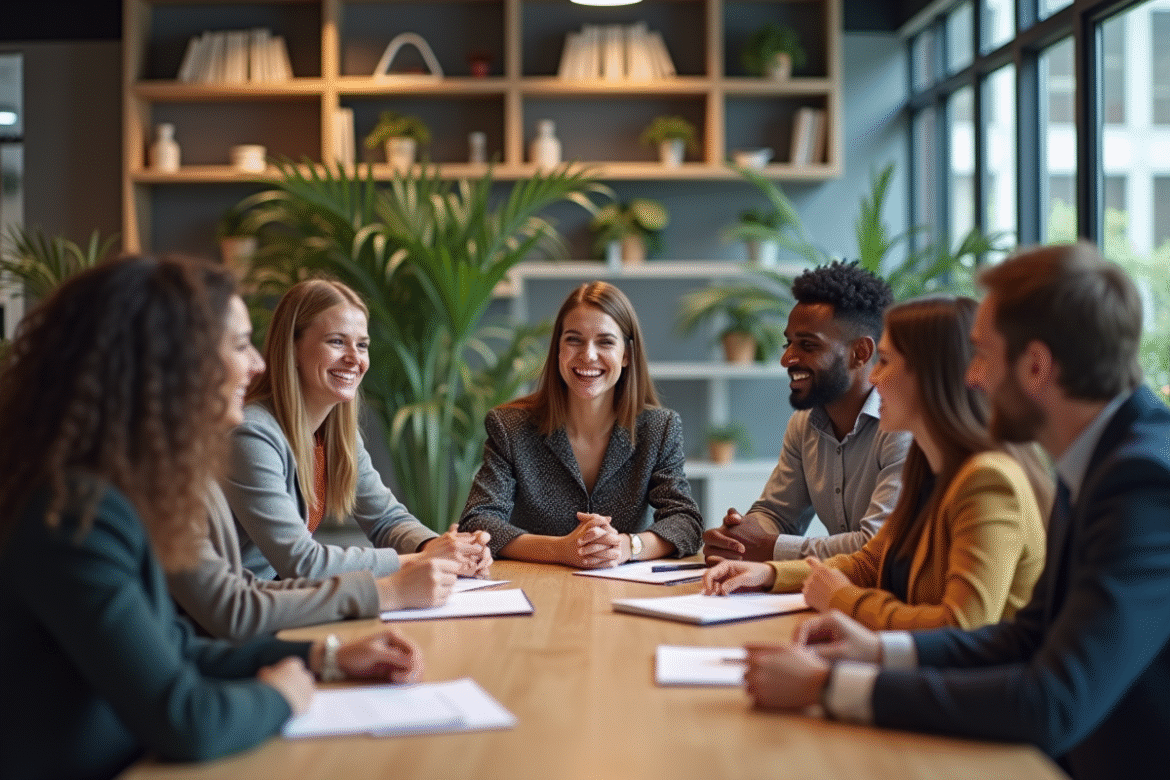 Groupe de collègues en réunion dans un bureau moderne