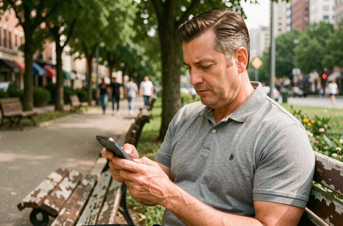 Homme consultant son espace personnel Hr4you sur mobile depuis un parc urbain