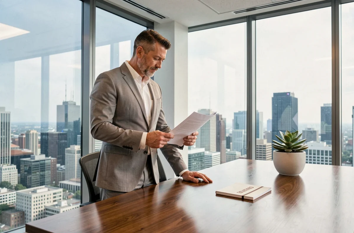 Homme d'affaires dans un bureau privé loué à la journée avec vue sur la ville