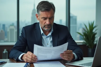 Homme d'affaires en costume examine un contrat complexe