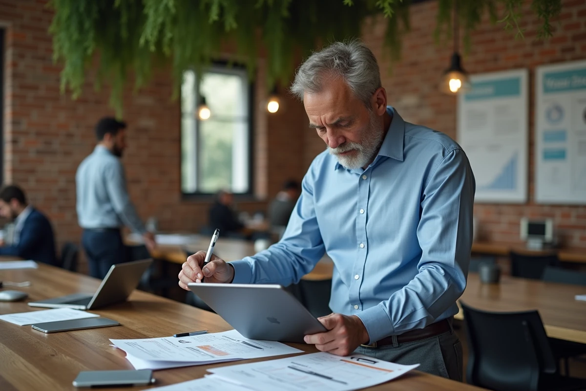 Homme d'affaires évaluant des avis et documents sur une plateforme d'entrepreneuriat en ligne dans un espace de coworking