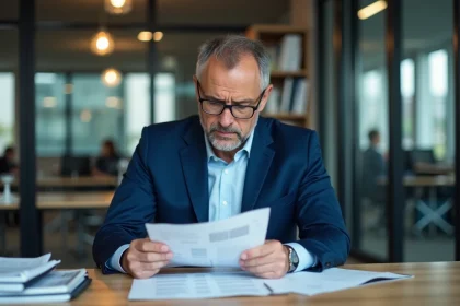 Homme d'affaires en costume bleu examine des documents financiers