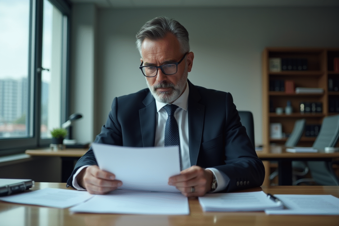 Homme d'affaires en costume lisant des documents dans un bureau