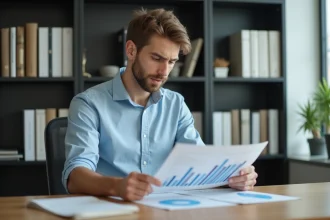 Jeune homme en train d'étudier des graphiques de données professionnelles