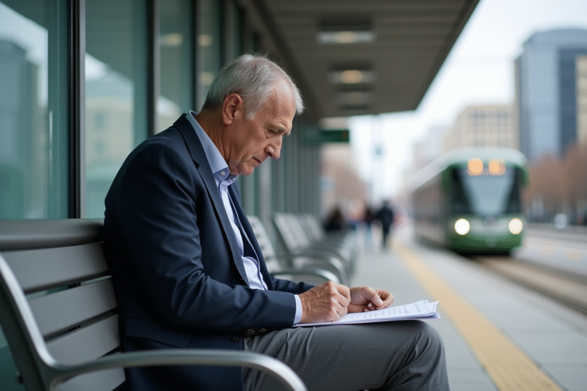 Homme d'âge moyen assis sur un banc urbain contemplant un dossier
