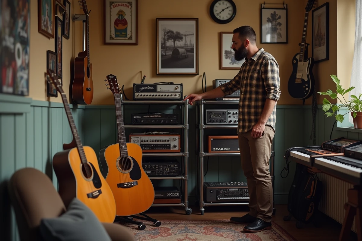 Homme regardant des guitares dans une boutique maison