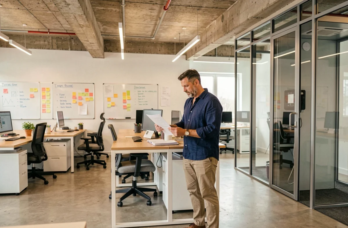 Homme en chemise bleue travaillant debout dans un espace de coworking à Saint-Germain-en-Laye avec mobilier ergonomique