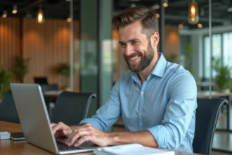 Homme d'affaires souriant travaillant sur son ordinateur dans un bureau moderne