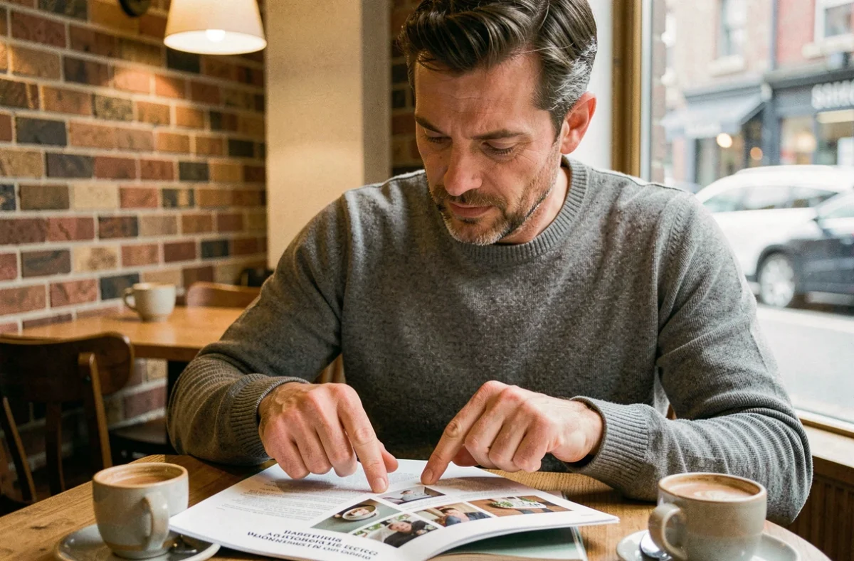 Homme en café consultant un catalogue publicitaire et indiquant une mention visuel non contractuel en bas de page