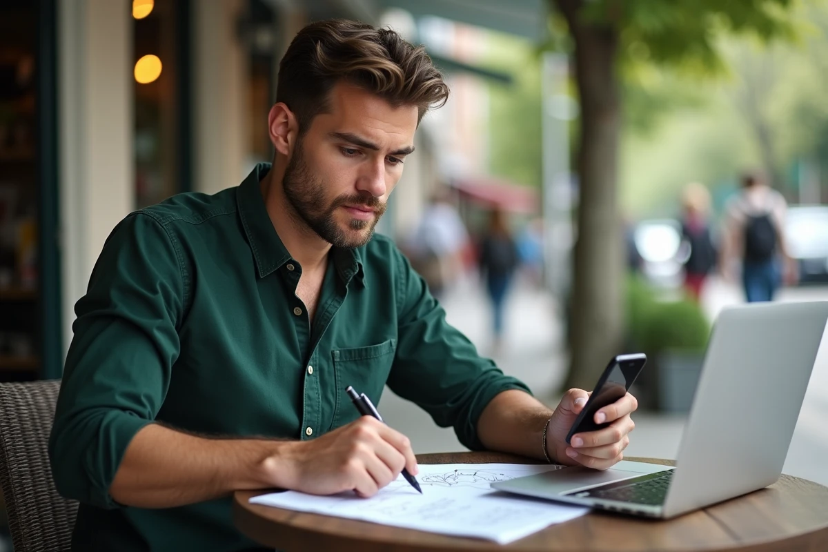 Jeune homme travaillant à un café avec ordinateur et notepad