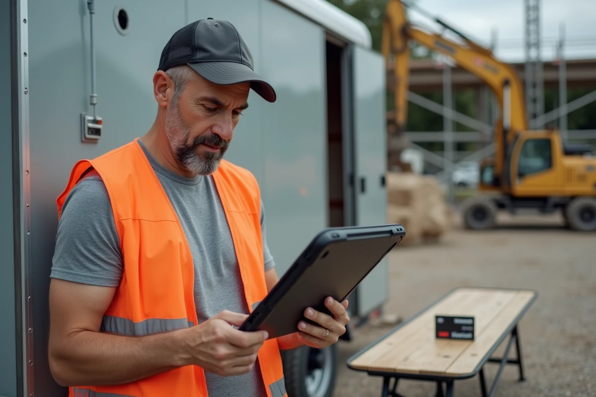 Homme en gilet de sécurité utilisant une tablette avec sa carte Loxam sur un chantier de construction