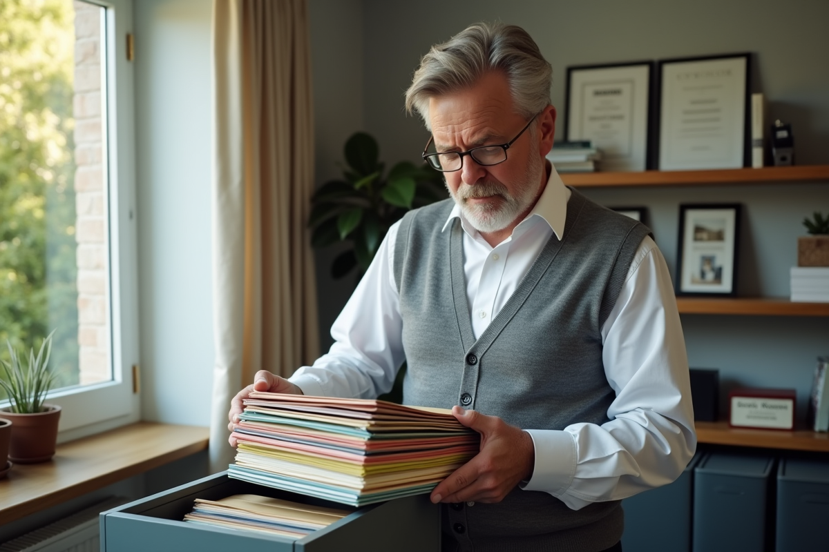 Homme classant dossiers dans un bureau à domicile