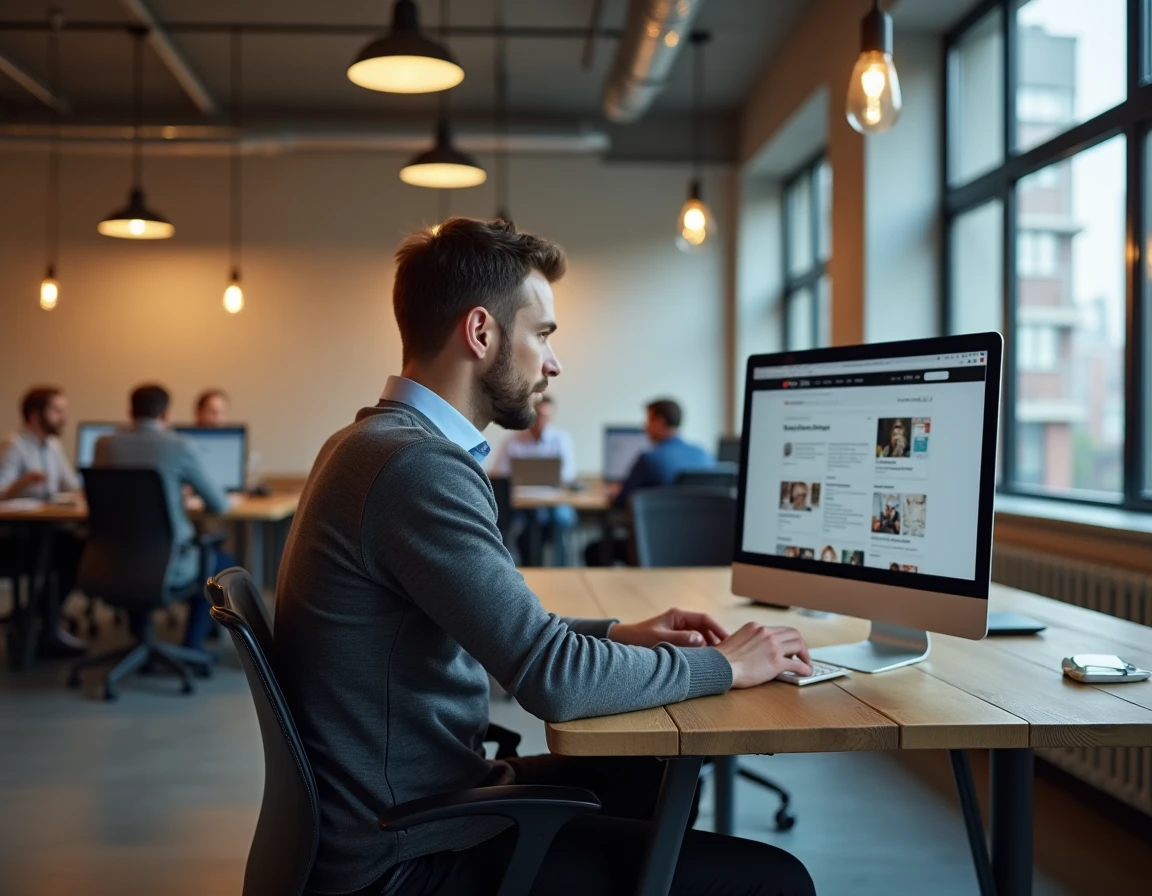 Homme en espace de coworking utilisant un site d'emploi B2B pour trouver un poste stable en France en 2026
