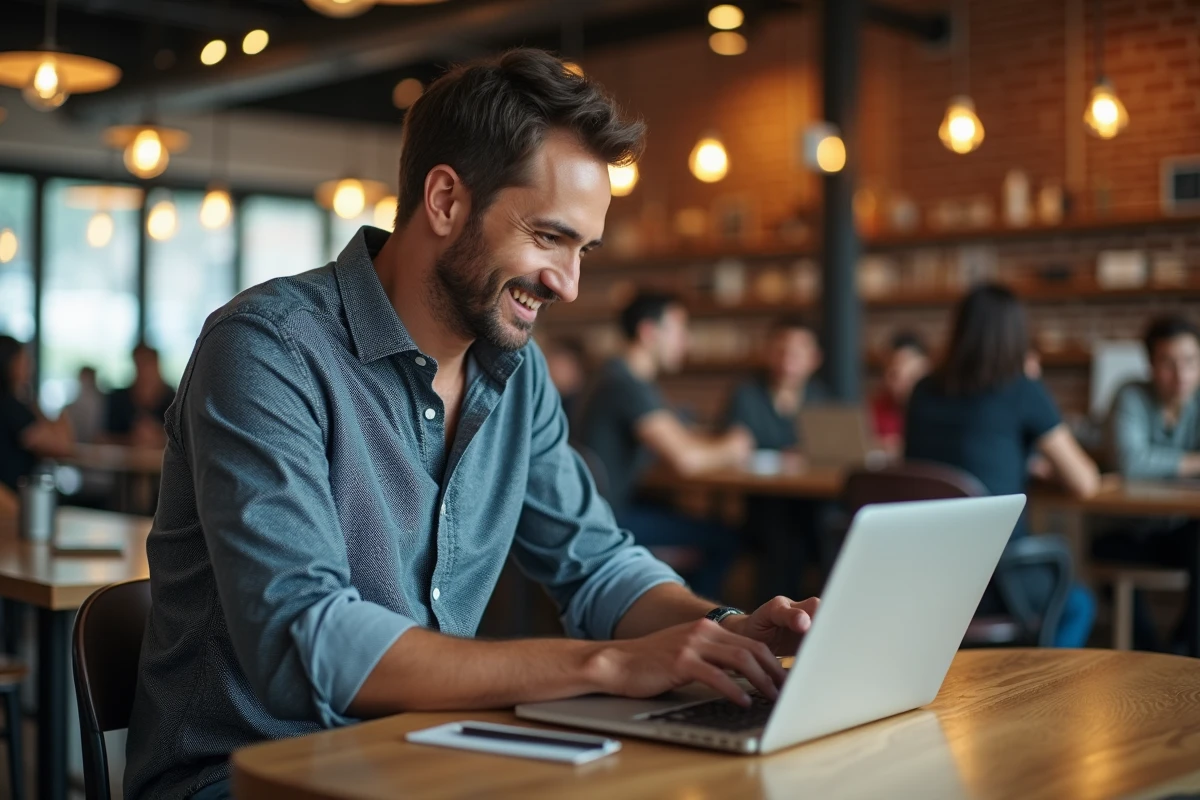 Homme au coworking analysant des slogans sur son ordinateur