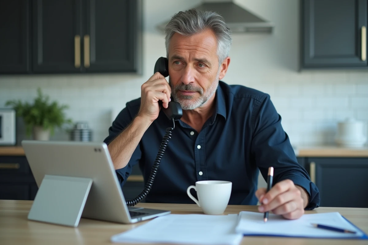 Homme en cuisine contactant l'Urssaf par téléphone avec une tablette affichant un portail administratif