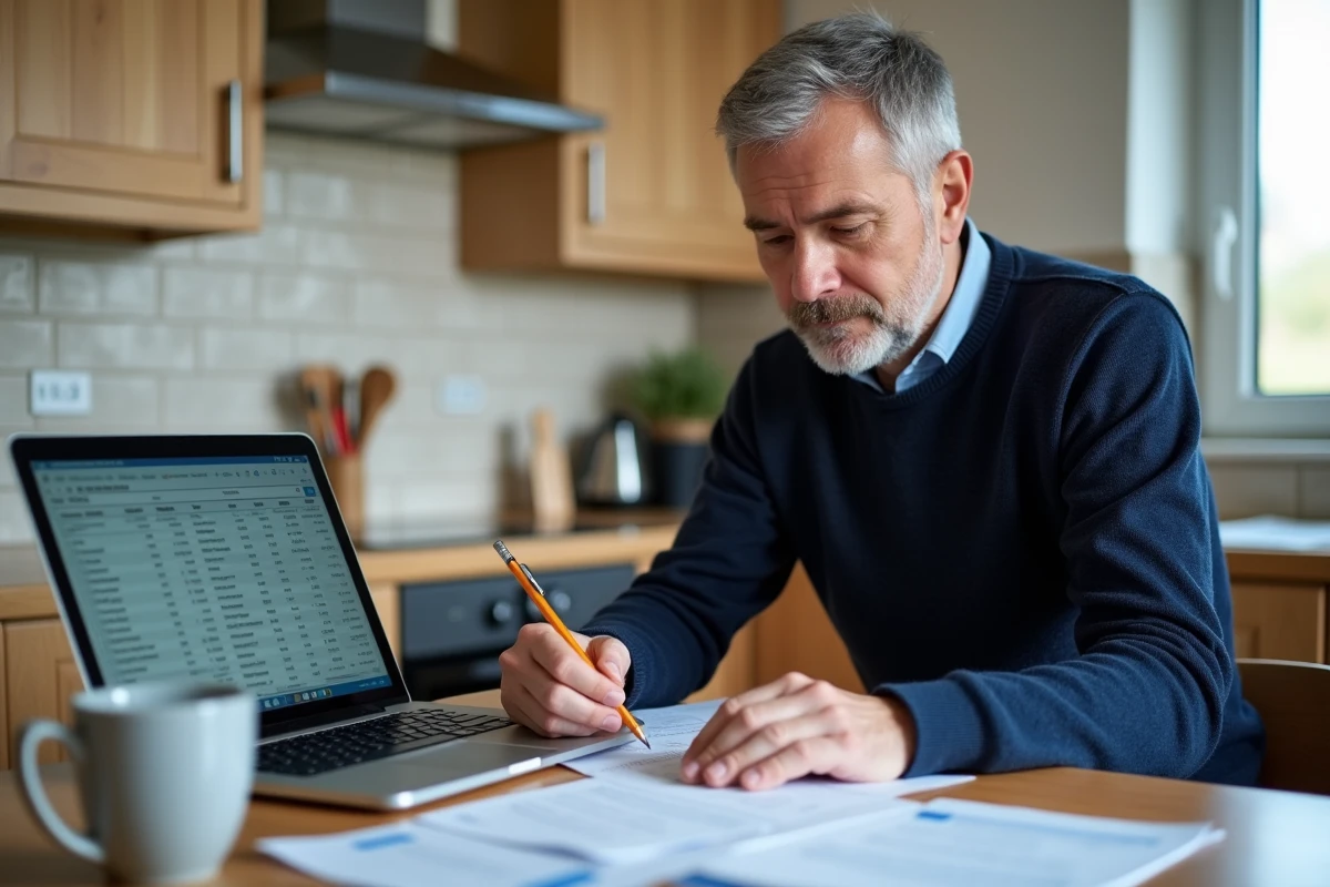 Homme à domicile annotant sa fiche de paie avec un ordinateur portable et des documents de calcul des heures mensuelles de travail