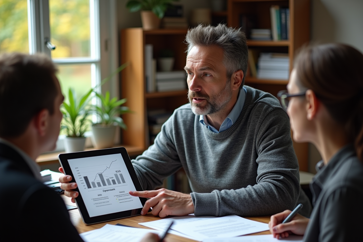 Homme IT expliquant des statistiques à ses collègues dans un bureau