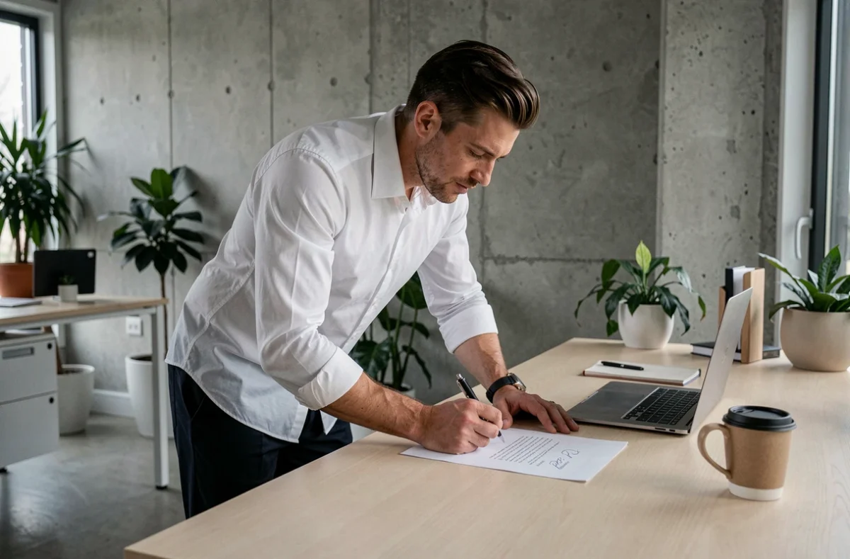 Homme en bureau moderne ajoutant une mention pour ordre sur un courrier officiel