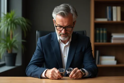 Homme d'âge moyen examinant deux montres au bureau