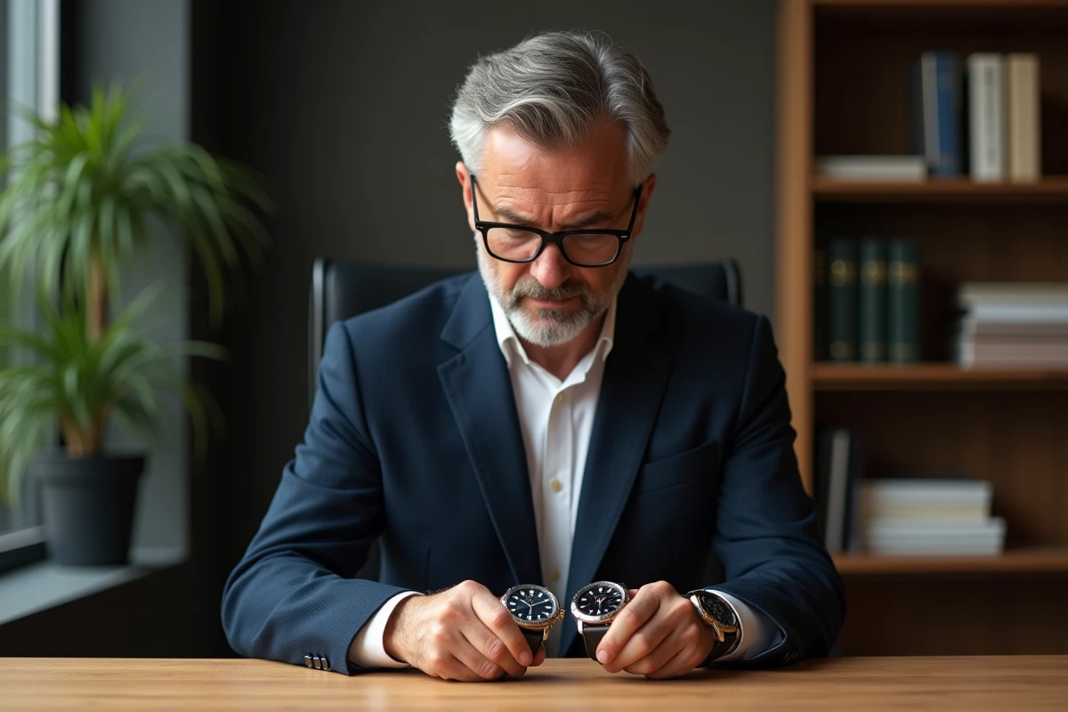 Homme d'âge moyen examinant deux montres au bureau