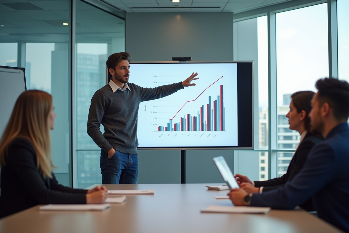 Jeune homme présentant des données marketing en réunion