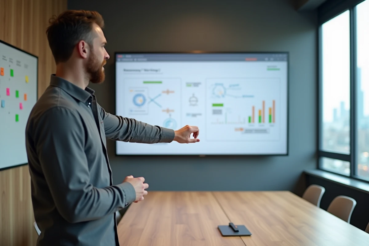 Homme présentant un tableau de bord de processus Opraz dans une salle de réunion tech avec moniteur mural