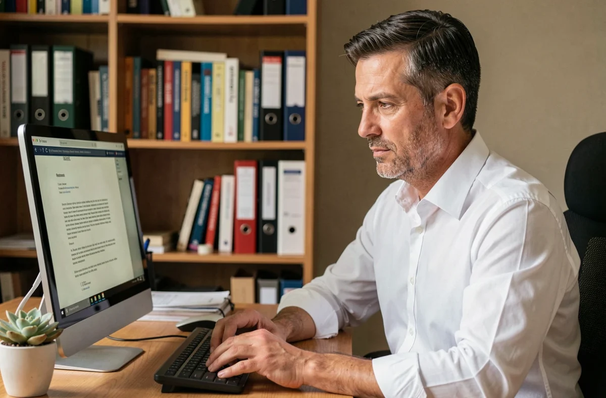 Homme en télétravail relisant sa lettre de démission CDI sur ordinateur dans un bureau à domicile