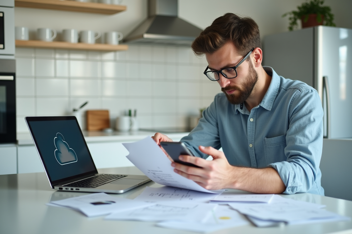 Homme scannant des documents avec smartphone dans la cuisine