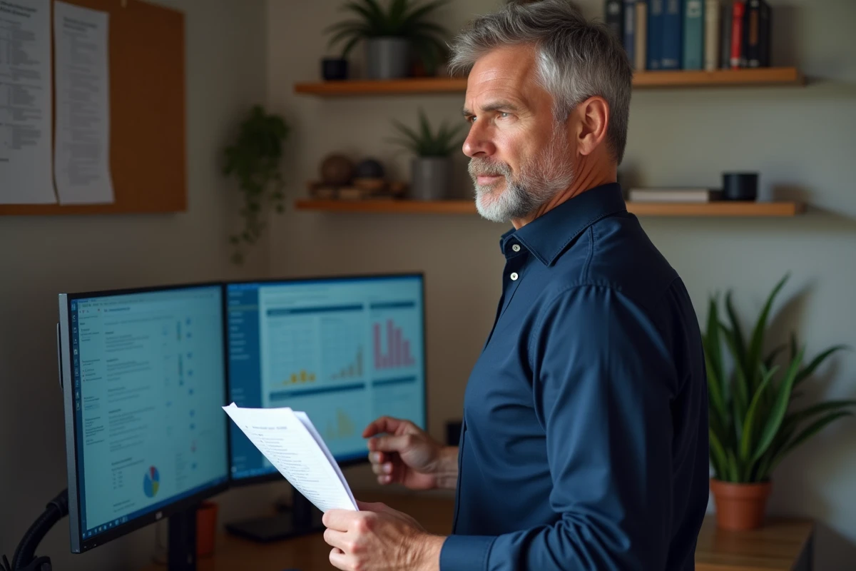 Un homme en télétravail évalue les fonctionnalités d'un CRM métier sur un double écran dans un bureau à domicile