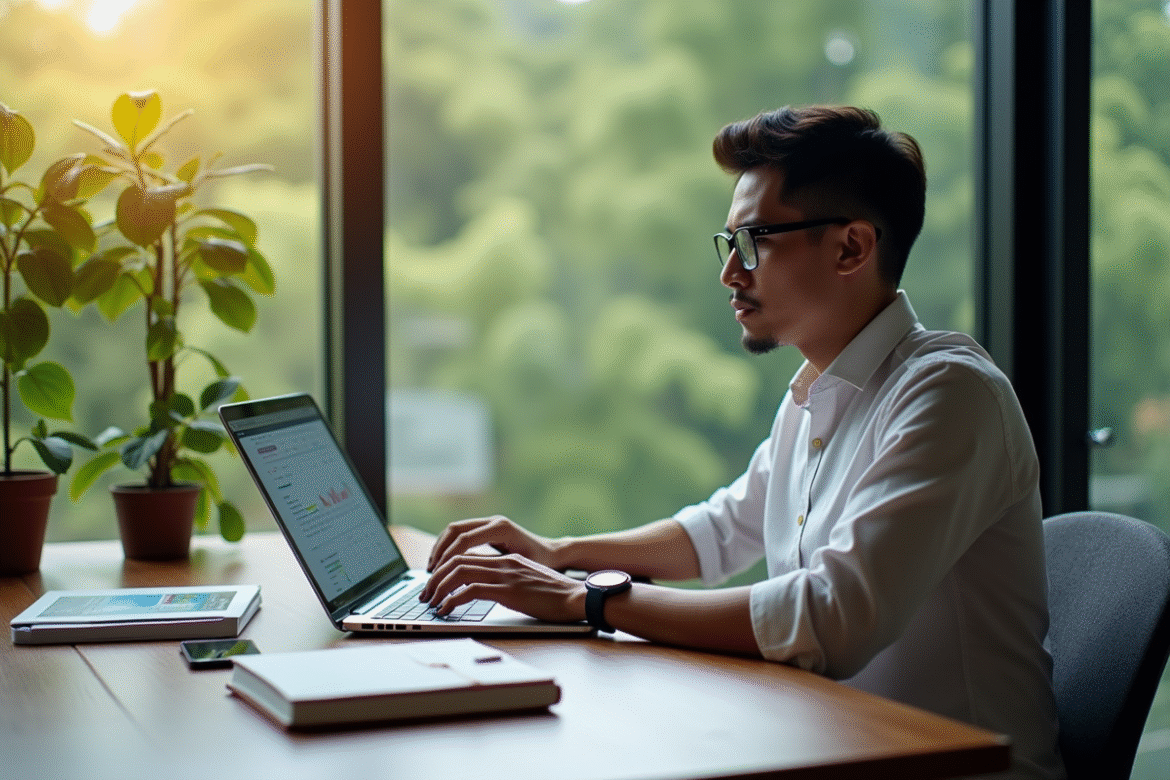 Homme concentré travaillant sur SEO dans un coworking à Chiang Mai