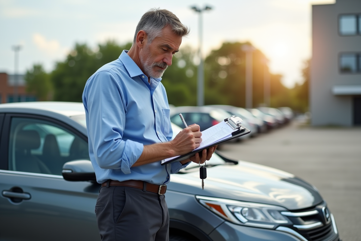 Homme enregistrant le kilométrage de sa voiture dans un parking ensoleille