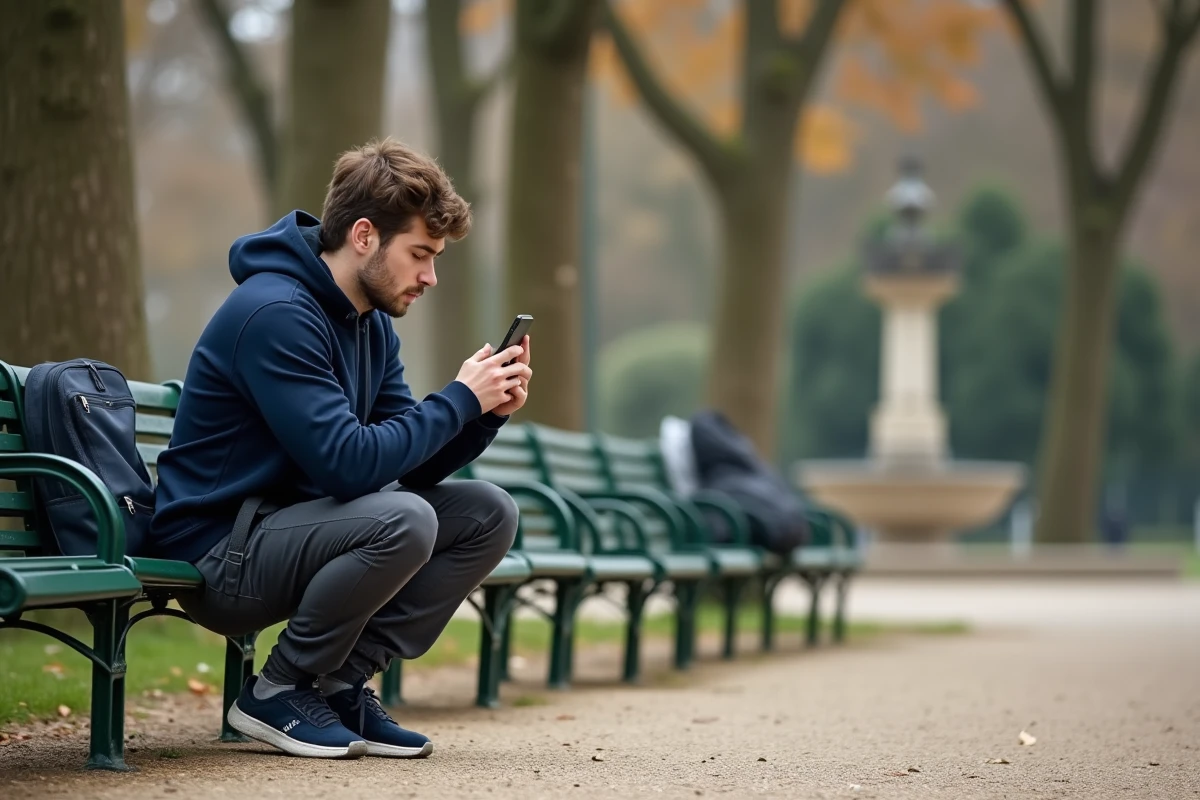 Jeune homme consultant les paramètres Wi-Fi sur son smartphone pour se connecter au réseau Nomade Ville de Paris dans un parc public parisien
