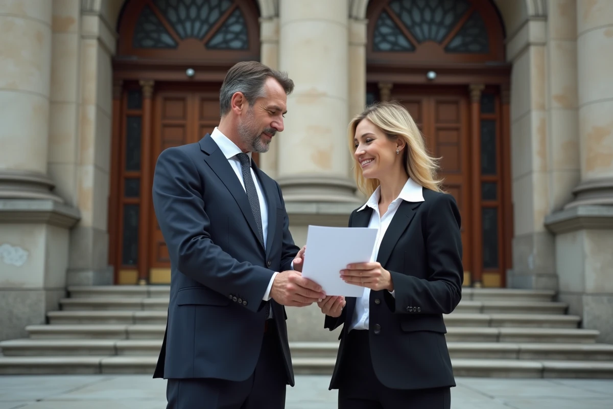 Homme et femme d'affaires échangeant des papiers devant un tribunal