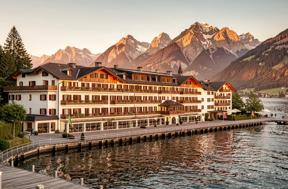 Hôtel au bord d'un lac suisse avec des montagnes en arrière-plan