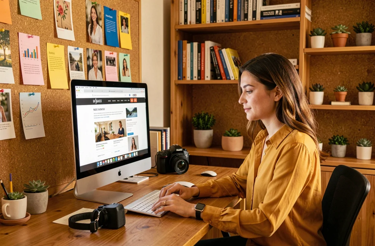 Directrice créative de l'agence Ilo Créatif travaillant sur la conception graphique d'un site web dans un studio chaleureux