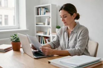 Indépendante travaillant sereinement à son bureau à domicile grâce à un secrétariat virtuel