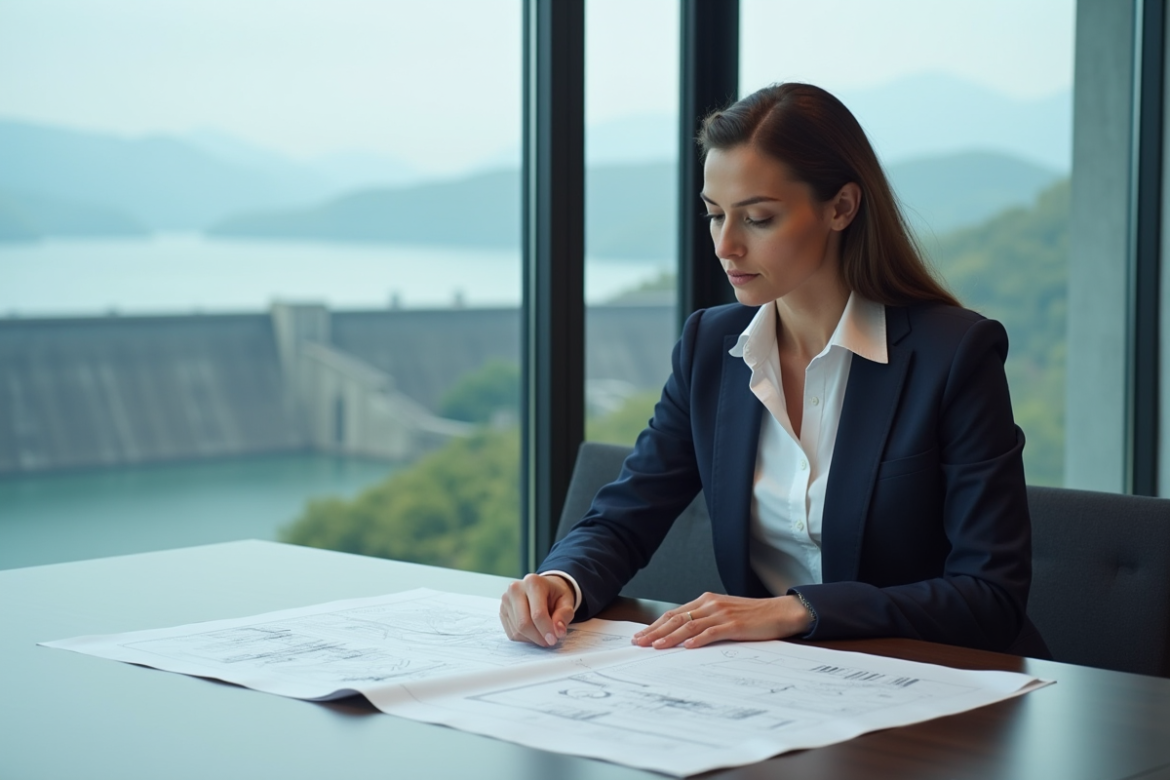 Femme en blazer bleu examine des plans hydroélectriques
