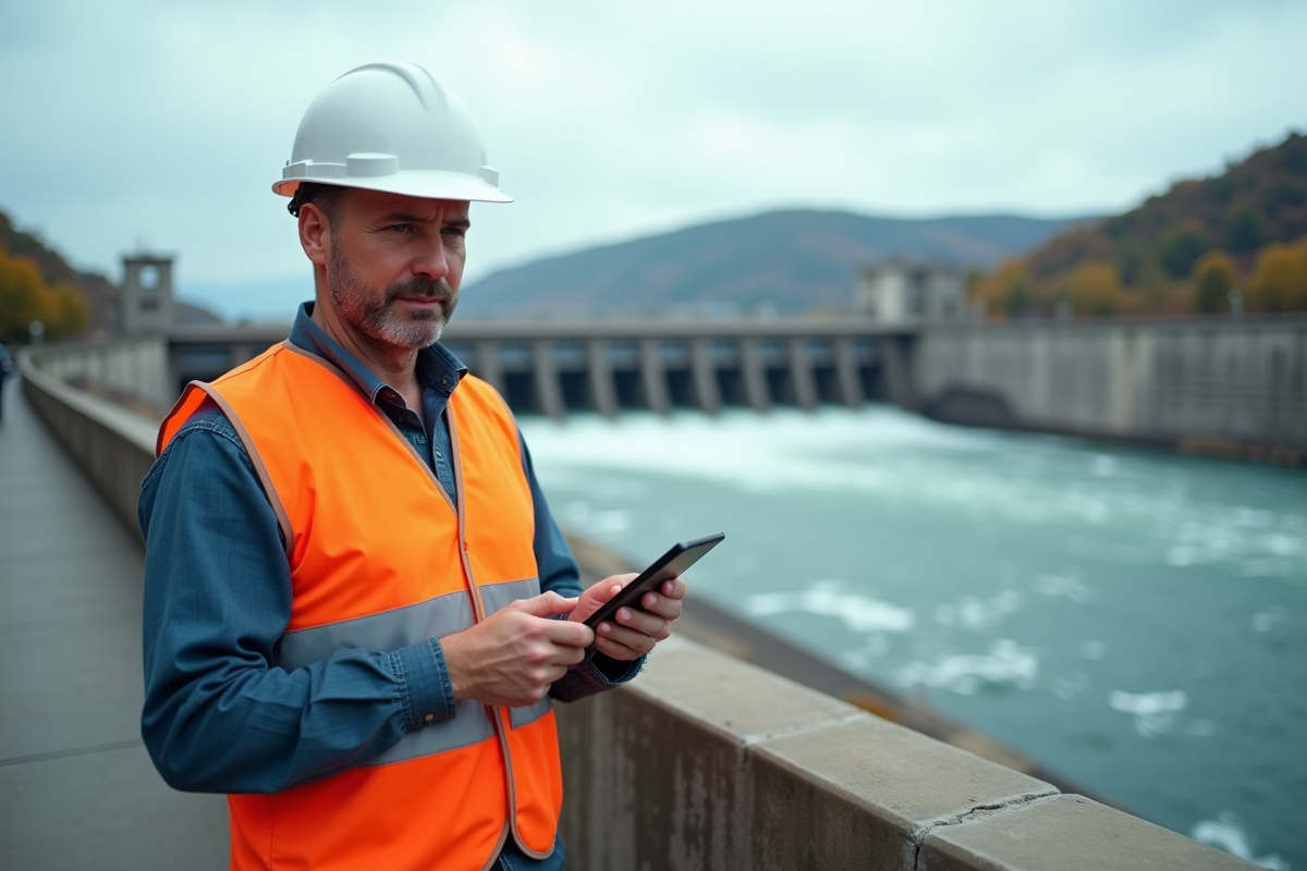 Ingénieur en sécurité observe la centrale hydroélectrique