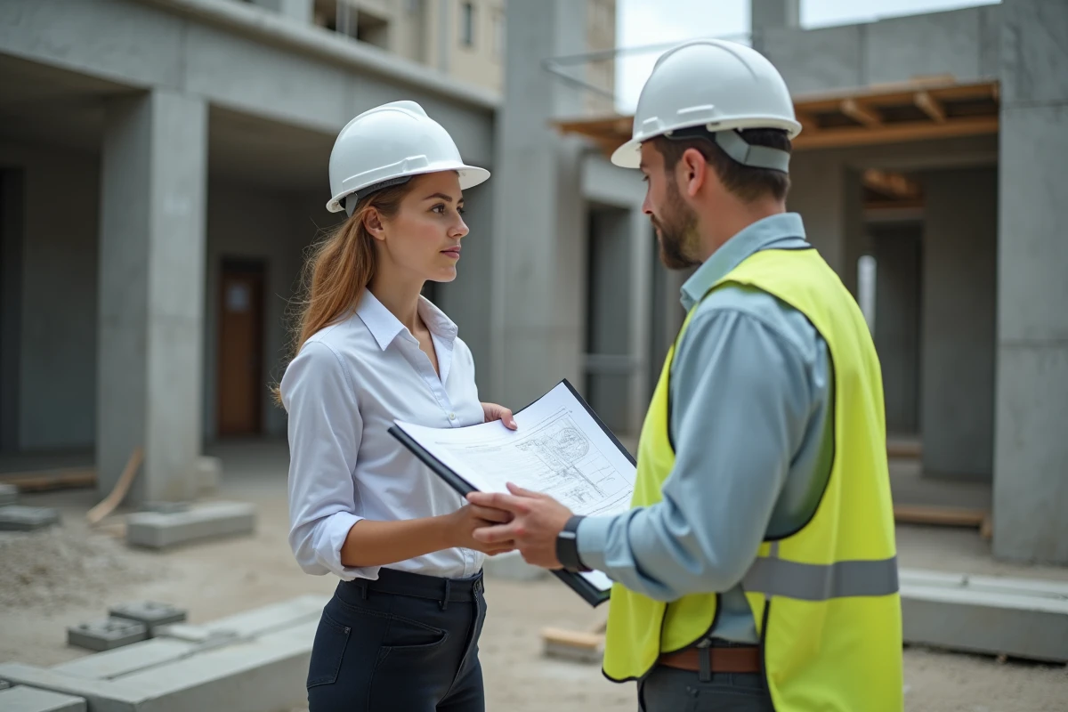 Jeune ingénieure sur un chantier tendant des plans à un sous-traitant