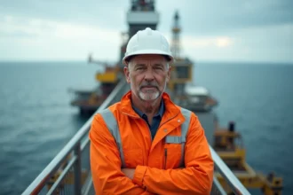 Ingénieur en combinaison orange sur plateforme offshore