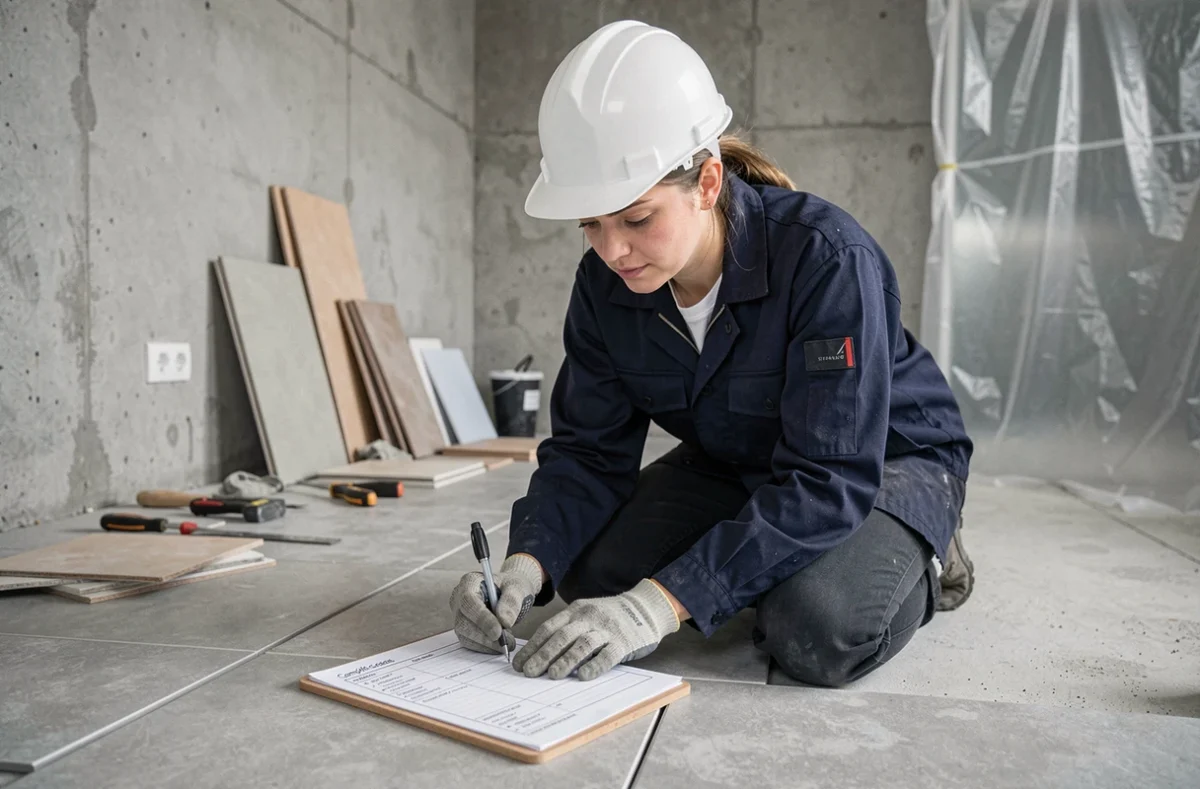 Inspectrice de chantier remplissant une liste de conformité lors d'un contrôle qualité de rénovation intérieure