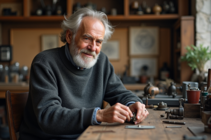Inventeur slovène âgé assemble un petit mécanisme dans son atelier