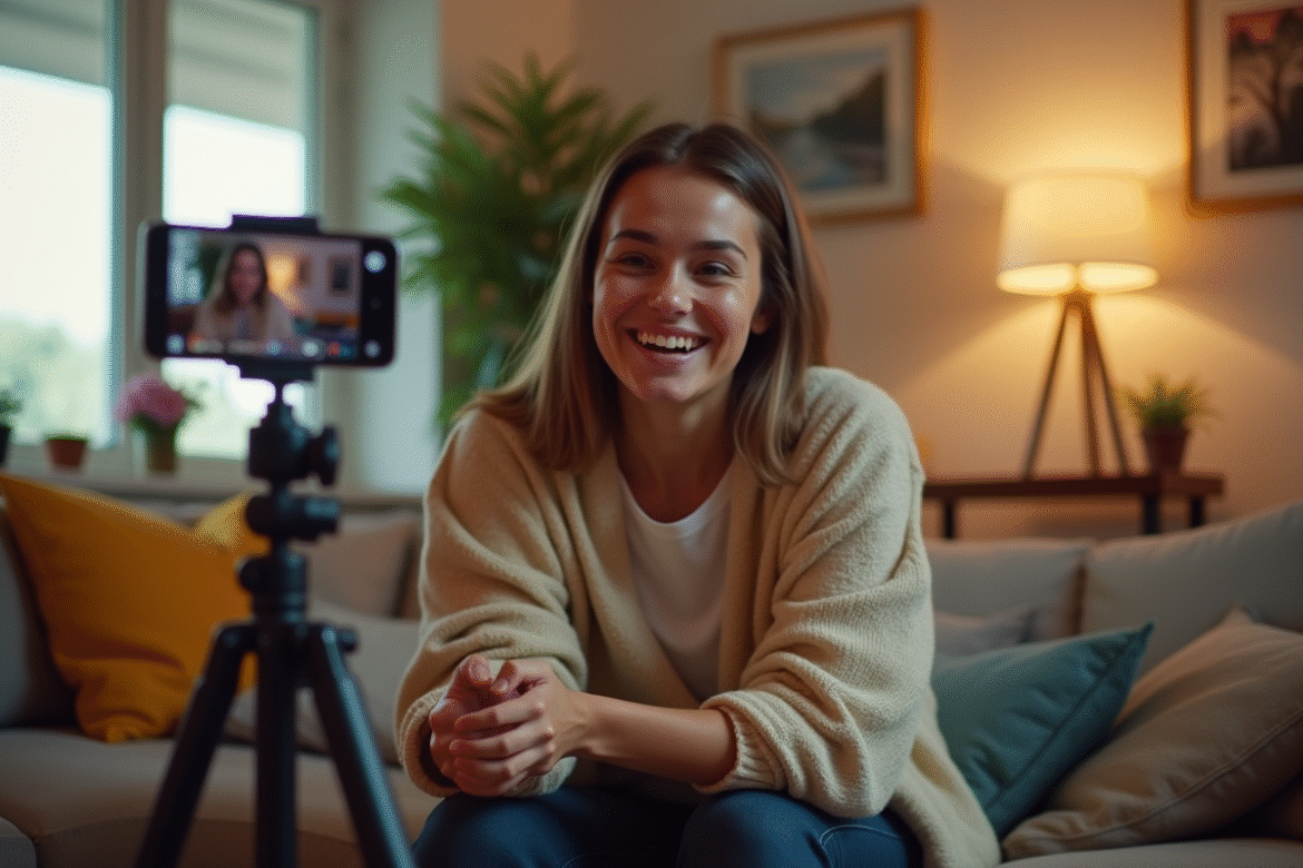 Jeune créateur de contenu enregistrant une vidéo dans un salon moderne