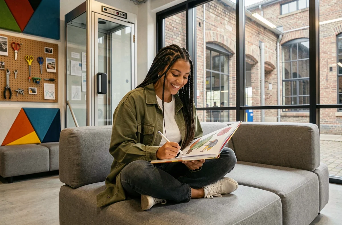 Jeune créatrice esquissant dans un espace détente de coworking à Roubaix avec vue sur cour d'usine rénovée