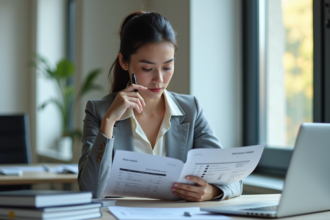 Jeune femme en bureau étudiant des brochures de carrière