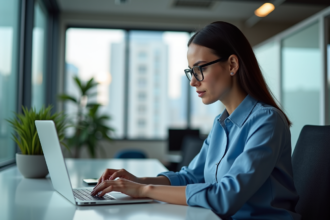Jeune femme en blouse bleue analysant un tableau sur son ordinateur