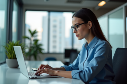 Jeune femme en blouse bleue analysant un tableau sur son ordinateur