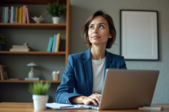 Jeune femme en blazer bleu travaillant sur un ordinateur dans un bureau cosy